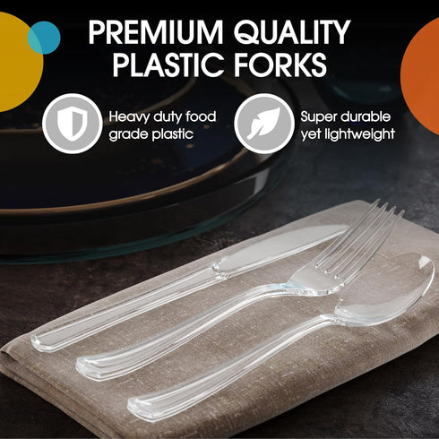 150 Pack Heavy Duty Clear Plastic Cutlery Set, 50 Forks, 50 Spoons, 50 Knives for Party Supplies