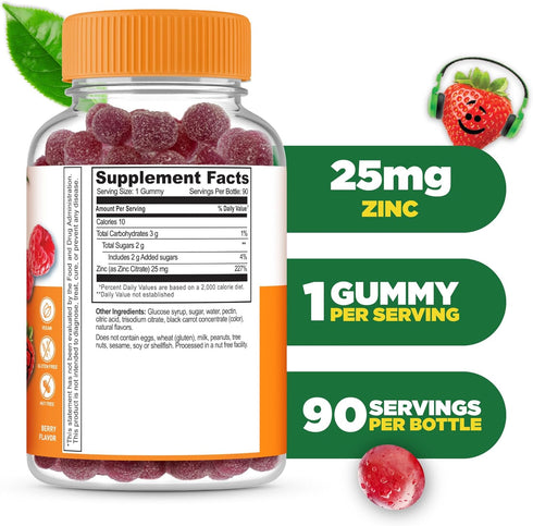 Lifeable Zinc for Kids | 25mg Natural Flavored Gummies | Gluten Free Vegetarian Zinc Supplements, 90 Gummies