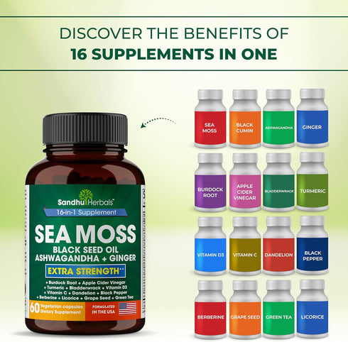 Sea Moss Black Seed Oil, Ashwagandha, Ginger, Burdock Root, Turmeric, 60 Capsules, Made in USA