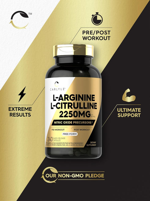 Carlyle L-Arginine L-Citrulline Complex, 2250mg, 240 Capsules, Nitric Oxide Precursors, Non-GMO & Gluten Free