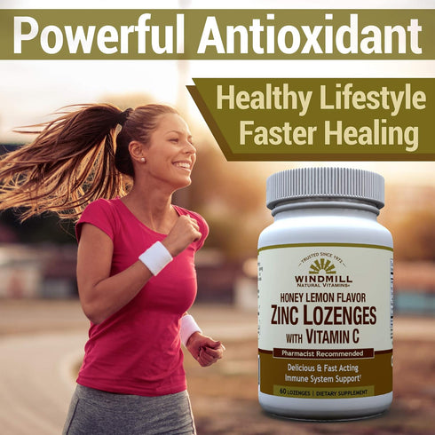 Windmill Health Products Natural Vitamins Zinc Lozenges with Vitamin C - Honey Lemon Flavor, 60 Lozenges for Immune
