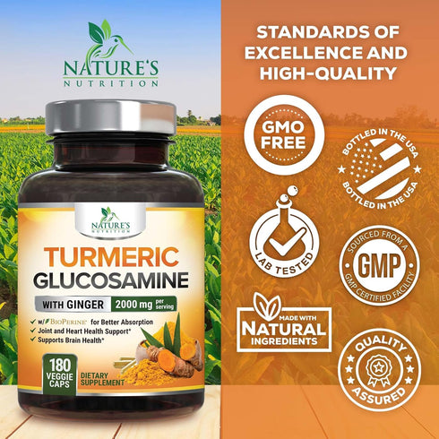 Turmeric Curcumin Supplement 2000mg with Glucosamine Chondroitin & Ginger - Nature's Joint Support, 180 Capsules