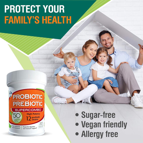 50 Billion CFU Prebiotic & Probiotic Supplement, 12 Strains for Daily Immune Support, 30 Veggie Capsules