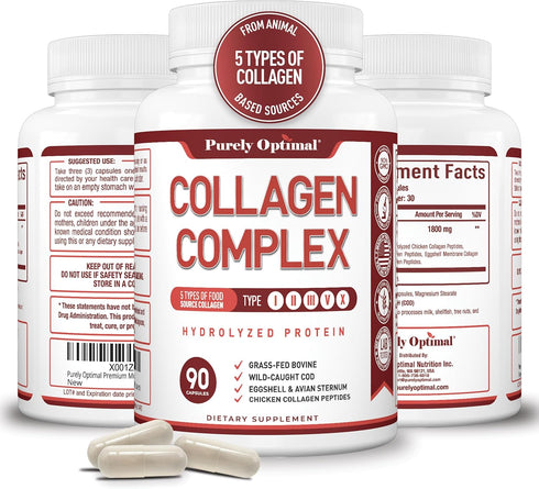 Purely Optimal Premium Multi Collagen Peptides Capsules (Types I, II, III, V, X) - Hair, Skin and Nails, Digestive &