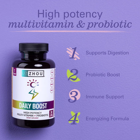 Zhou Nutrition Daily Boost Multivitamin, 30 Servings | Probiotic, Zinc, Vitamin C, D3, B Complex for Immune Support