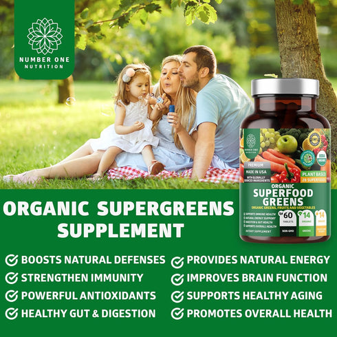 N1N Premium Organic Superfood Greens, 28 Powerful Ingredients, Natural Fruit and Veggie Supplement - 60 Ct