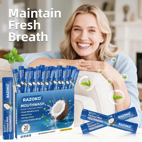 Packets,Alcohol (0.41 Oz (Pack 20) RAZOKO Disposable Mouthwash Travel Size-Fresh & Non-Greasy/Fresh Mint +Coconut