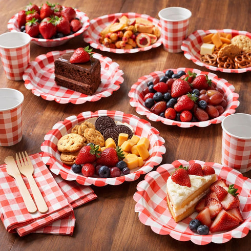 sunepany 50 9 Inch, Pcs Red Paper Plates Gingham Scalloped Disposable Plates for Party Christmas Birthday BBQ