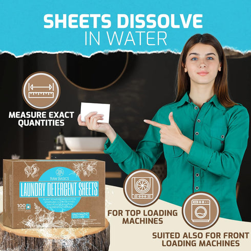 Unscented Laundry Detergent Sheets - Zero Waste, Natural Soap, Travel Size Essentials for Washing Clothes, 100 Loads