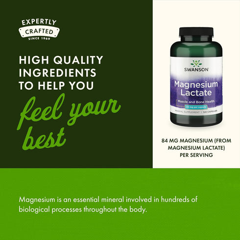 Swanson Magnesium Lactate Mineral Supplement for Muscle and Bone Health Support - 120 Capsules, 84mg Each