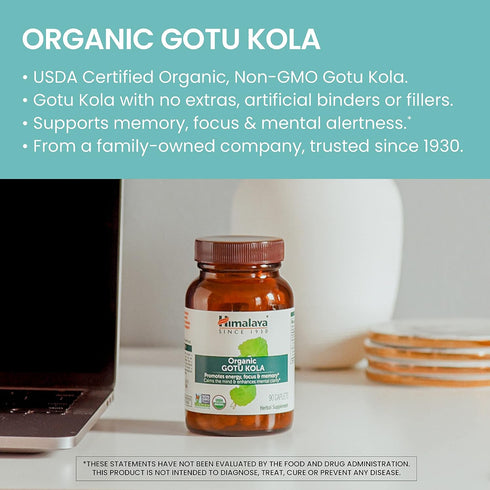 Himalaya Organic Gotu Kola Herbal Supplement - Energy, Focus, Memory, Cognitive Support, 90 Plant-Based Caplets