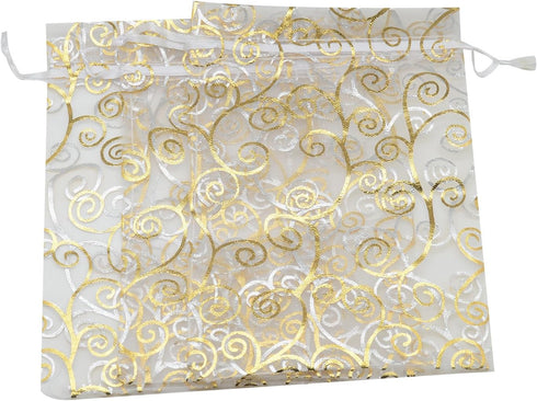 50pcs Organza Pouch Bag Drawstring 5"x7" 13x18cm, Strong Gift Candy Bag Jewelry Party Wedding Favor (Gold Silver)