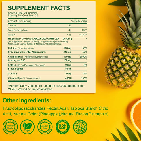 Magnesium Glycinate Gummies 400mg - Sugar Free Magnesium Taurate, Malate with Vitamin D, B6, CoQ10, 120 Gummies