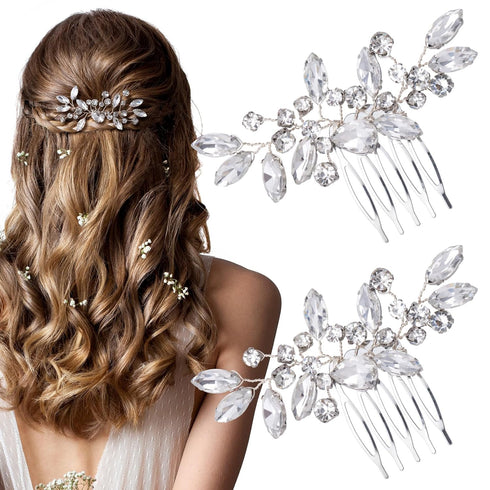 OIIKI 2PCS Silver Rhinestone Hair Combs, Clear Metal Bridal Hair Accessories for Women and Girls