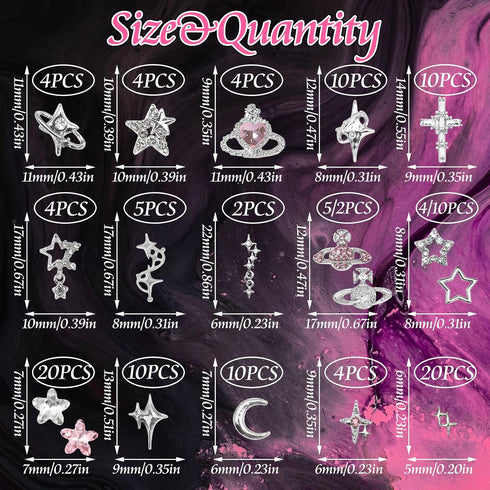 RODAKY 128PCS Silver Nail Charms, Cross Star Charms for Nails, 3D Saturn Planet Nail Jewelry, Pink Nail Rhinestone Gems