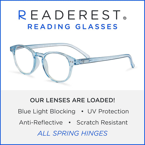Readerest Round Blue Light Reading Glasses - Computer Glasses with Spring Hinges, UV Protection, Anti Glare