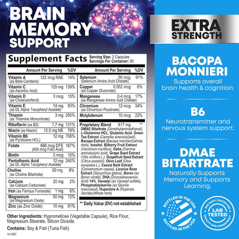 Nootropic Brain Supplements for Memory and Focus - 40 Nootropics & Vitamins to Support Clarity & Concentration, Brain Health Memory Pills with Phosphatidylserine Bacopa Huperzine & DMAE - 180 Capsules