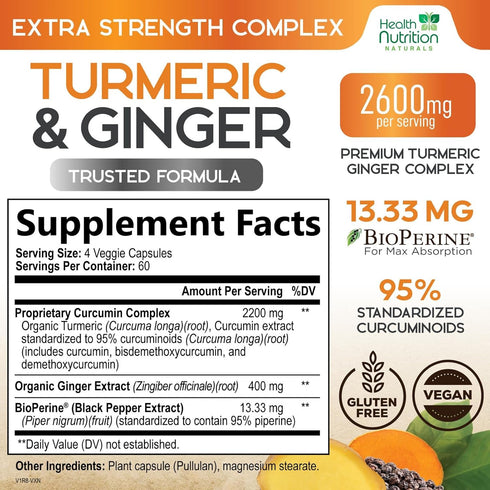 Turmeric Curcumin Supplement 2600mg with Organic Ginger & Turmeric, 95% Curcuminoids, BioPerine for Best Absorption