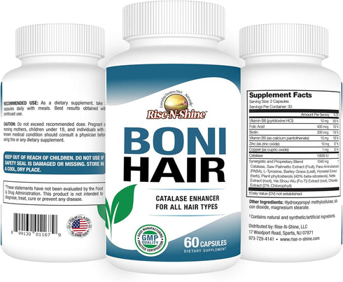 Rise-N-Shine BoniHair Catalase Supplement for Vibrant, Youthful Hair Support - 10,000 IU Catalase with Saw Palmetto,