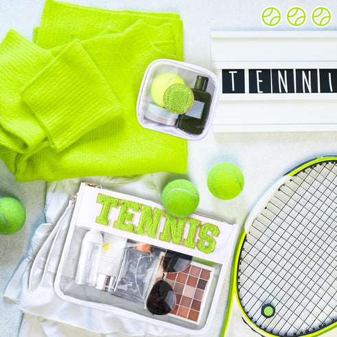 Hillban 2 Pcs Tennis Gifts Chenille Letter Bags, Preppy Patch Makeup Bag, Waterproof Travel Pouch