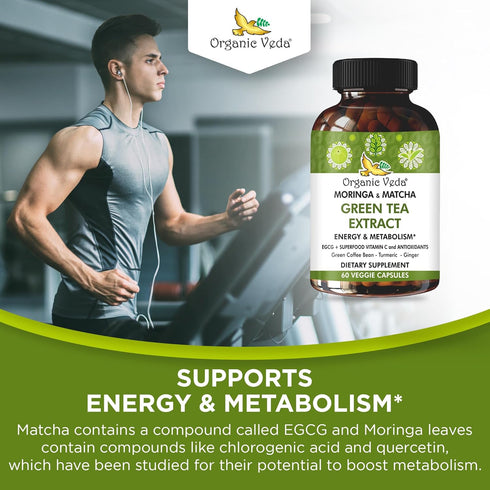 Organic Veda Moringa & Matcha Green Tea Extract Supplement - Energy Boost & Metabolism Support, 60 Count Moringa