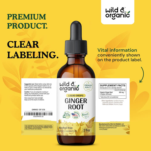 Ginger Liquid Extract - Organic Ginger Root Drops - Vegan, Alcohol Free Tincture - 2 fl oz