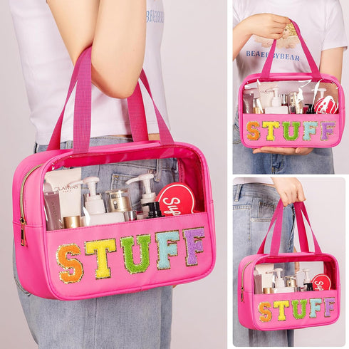 Chenille Letter Patch Clear Makeup Bag, Preppy Nylon with Handle and Zipper, Waterproof Travel Toiletry Bag