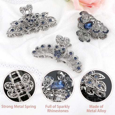 kilofly 3pc Vintage Crystal Hair Claw Clips, Long Thick Hair Metal Clamps