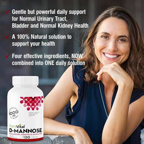 Plantvital D Mannose Capsules 1000mg with Cranberry - High Potency for Bladder, Kidney, Urinary Tract Support, 2 Months