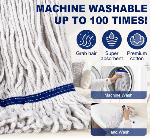 Loop-End String Mop Heavy Duty Commercial Mops with 2 Extra Replacement Heads, 59 Inch Cotton Wet Mop
