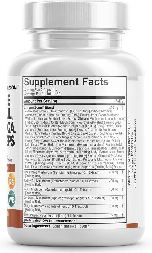 Clean Nutraceuticals Lions Mane 3000mg, 20in1 Mushroom Supplement with Turkey Tail, Reishi, Cordyceps & More - 60 Count