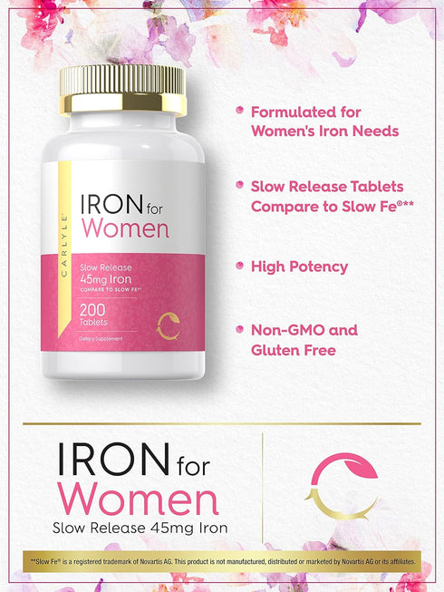 Carlyle Iron Pills for Women - 45mg, 200 Slow Release Tablets, Vegetarian, Non-GMO, Gluten Free