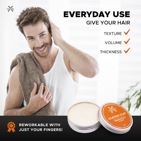 Clever Clay - Natural Finish Styling Hair Clay for Men, All Hair Types, Reworkable All Day Hold, 3.4 oz
