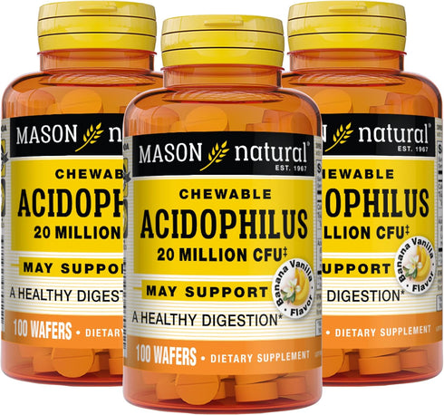 MASON NATURAL Acidophilus, 20 Million CFU, Healthy Digestion Supplement, Vanilla Banana Flavor, 100 Chewables