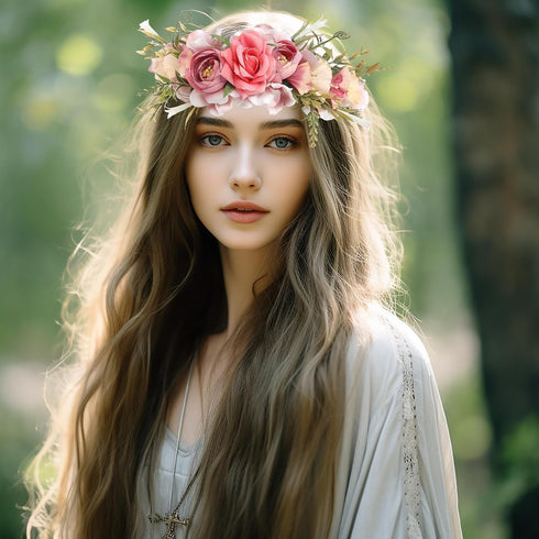 Women Floral Crown Boho Flower Headband, Hair Wreath Floral Halo Headpiece with Ribbon for Wedding Party Photos.