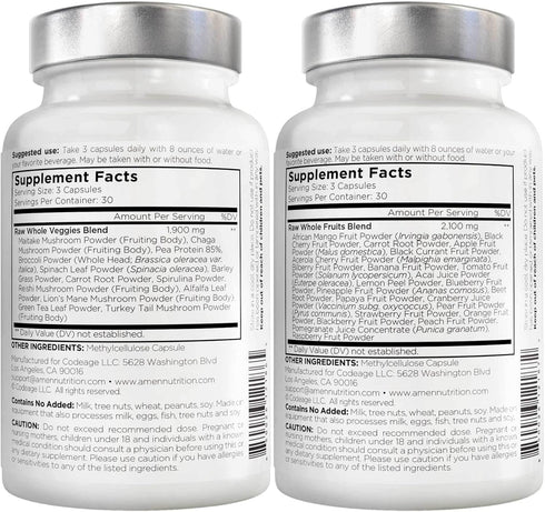 Amen Fruits + Veggies Vitamins Bundle - Raw Whole Food Multivitamin Capsules, Non-GMO, 180 ct, Greens & Red Fruits
