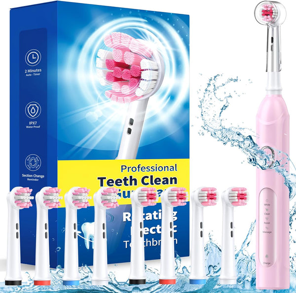 Rotating Electric Toothbrush for Adults, 8 Brush Heads (2 Types), 4 Modes, Rechargeable Power, 2 Min Smart Timer