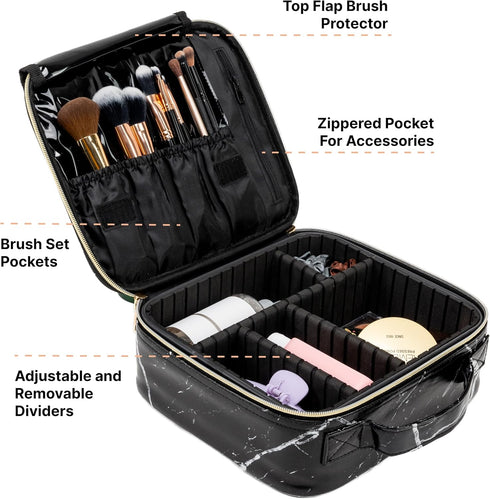 Makeup Train Case, Travel Cosmetic Organizer Bag, Storage For Brushes, Toiletries and Cosmetics W/Adjustable Dividers, Make Up Box, Not Made In China (1, Marble, Small)