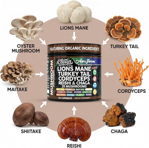 Immune 60 AuraShroom Mushroom Supplement Lions Mane Turkey Tail Cordyceps Reishi Shiitake Chaga Oyster Stress Relief