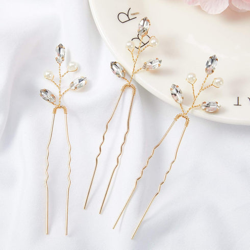 Syhood 6 Pieces Pearl Crystal Bridal Hair Pins, Rhinestone Flower Wedding Hair Accessories for Women Hairstyles (Gold)