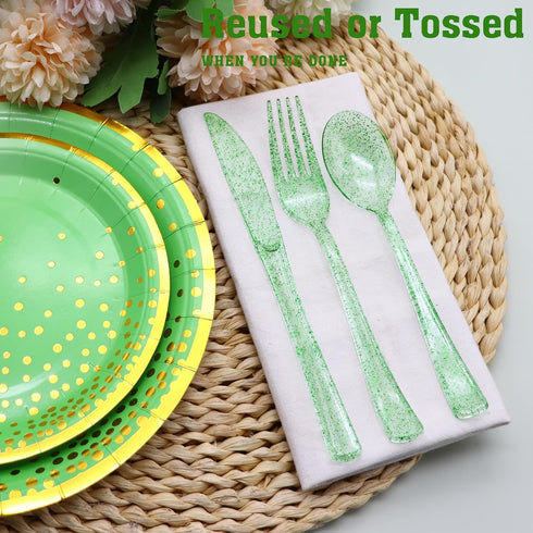 150 Pack Green Plastic Silverware, Green Glitter Utensils - 50 Forks, 50 Knives, 50 Spoons for St Patricks Day,