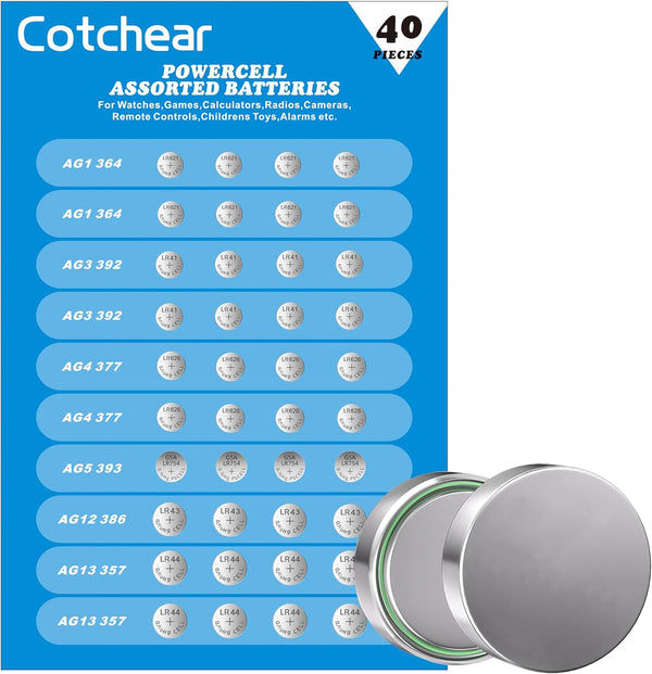 Cotchear 40pcs Alkaline Cell Batteries Assorted, 1.5 Volt AG1/LR621, AG3/LR41, AG4/LR626, AG5/LR754, AG12/LR43,