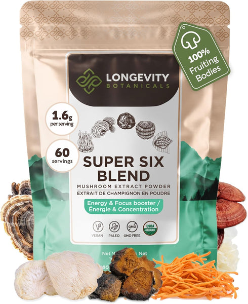 Longevity Botanicals 6 Mushroom Supplement Blend, Organic Mushroom Complex Powder, 100% Fruiting Body, 3.5 oz