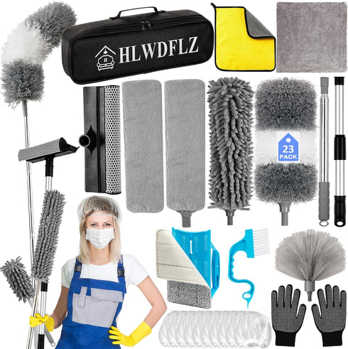 Microfiber Duster Kit 23pcs with 30 to 100 Inches Extension Pole and Washable Bendable Feather Duster for Cleaning