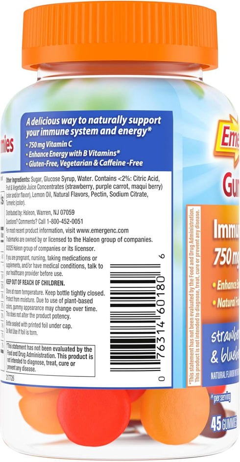 Emergen-C 750mg Vitamin C Gummies for Adults - Immune Support, Gluten Free, Strawberry, Lemon, Blueberry - 45 Count
