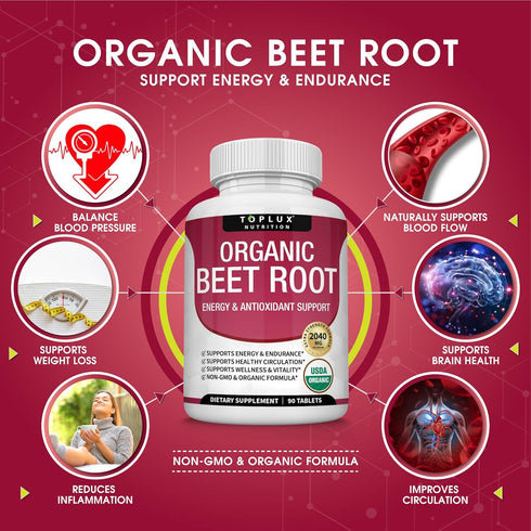 Organic Beet Root Powder Tablets, 2040mg Natural Nitric Oxide Beets, Energy Support, 90 Tablets