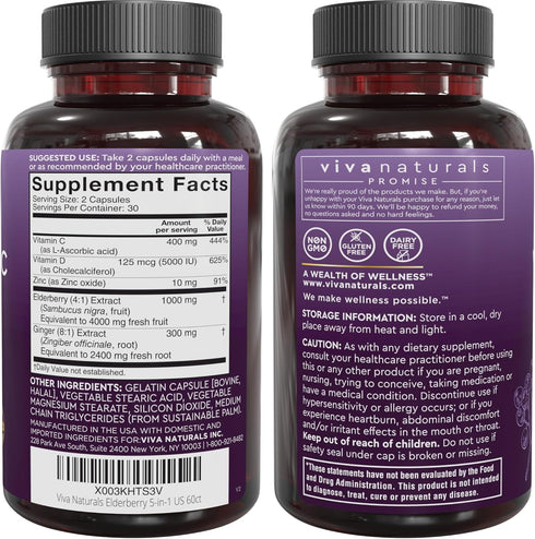 Viva Naturals Sambucus Elderberry with Zinc and Vitamin C for Adults - Vitamin D 5000 IU and Ginger - Immune Support