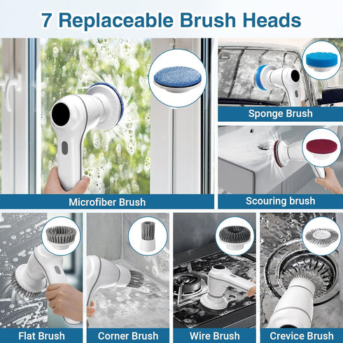 Electric Spin Scrubber, Cordless Shower Scrubber with Display, IPX7 Waterproof, 7 Replaceable Heads for Kitchen, Tub,