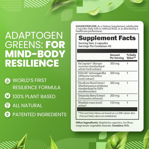 SaltWrap Adaptogen Greens Nootropic, Brain Memory Support Natural Supplement, 90 Capsules