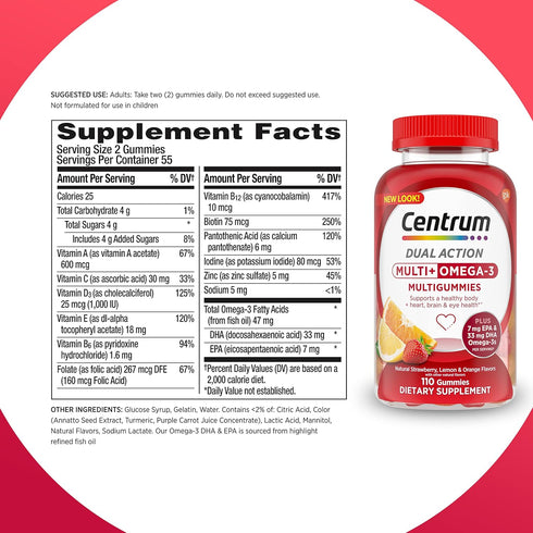 Centrum MultiGummies Multi+ Omega 3 Dual Action, 110 Count, Adult Multivitamin, Strawberry/Lemon/Orange Flavors